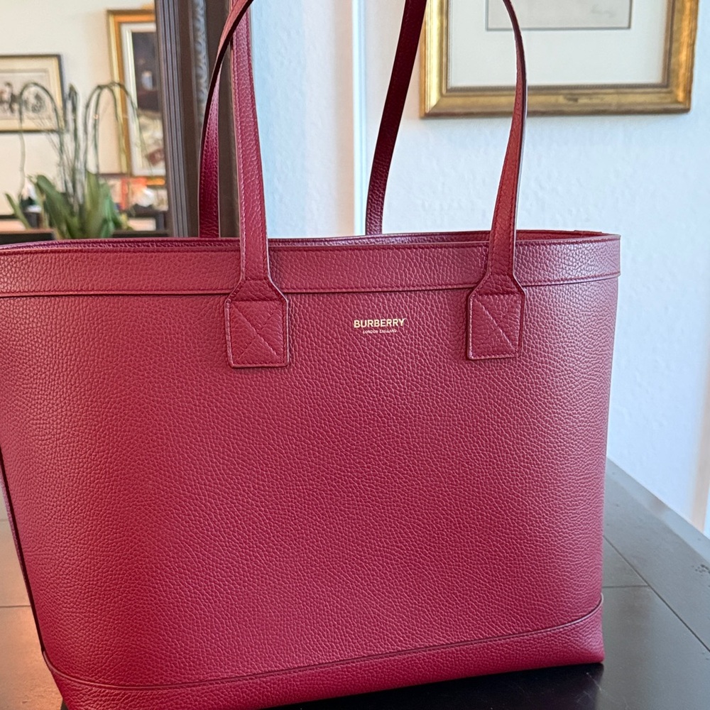 Burberry Burgundy Pebbled Leather Tote with Gold Logo